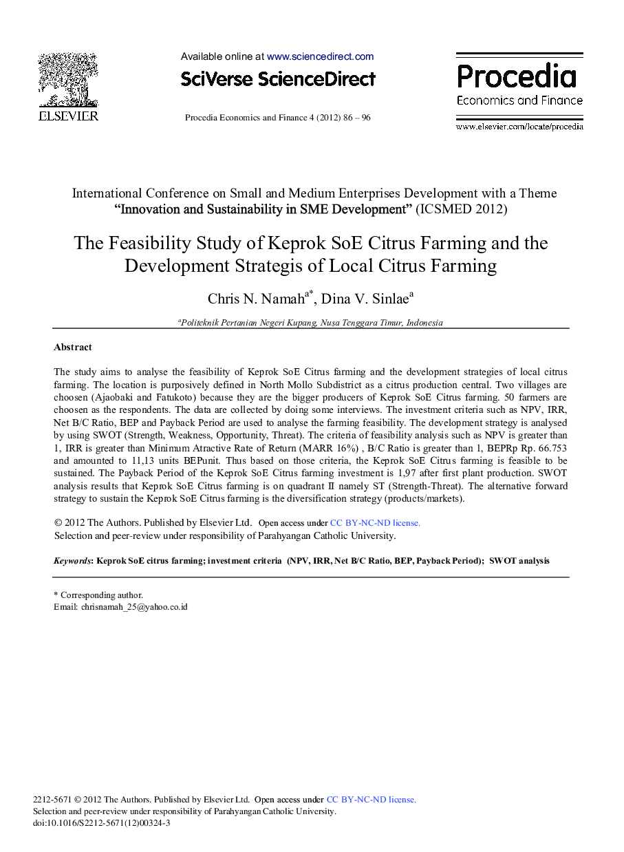 The Feasibility Study of Keprok SoE Citrus Farming and the Development Strategis of Local Citrus Farming 