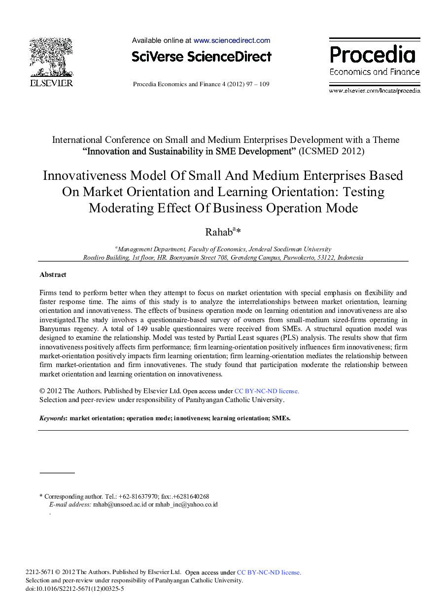Innovativeness Model Of Small And Medium Enterprises Based On Market Orientation and Learning Orientation: Testing Moderating Effect Of Business Operation Mode 