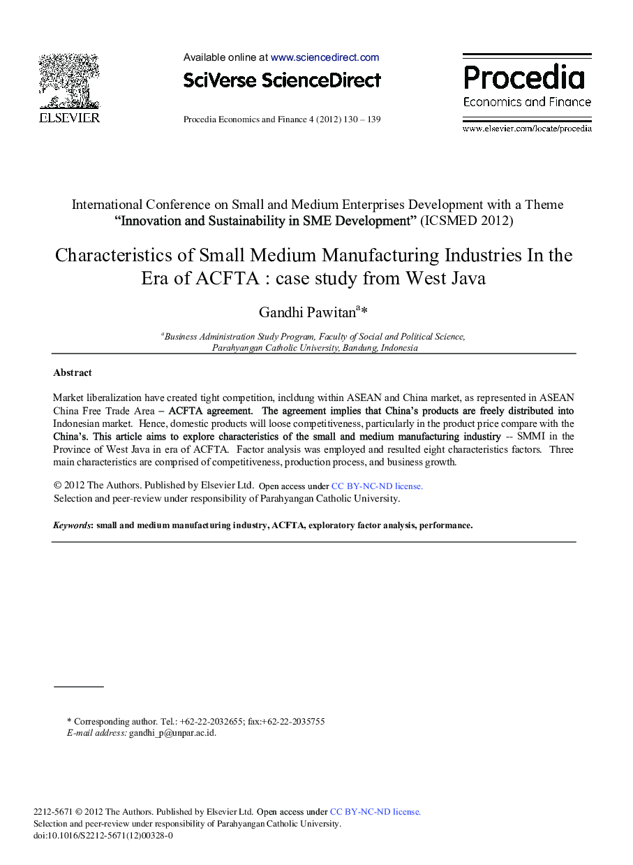 Characteristics of Small Medium Manufacturing Industries In the Era of ACFTA: Case Study from West Java 