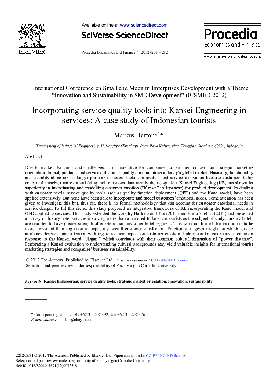 Incorporating Service Quality Tools into Kansei Engineering in Services: A Case Study of Indonesian Tourists 