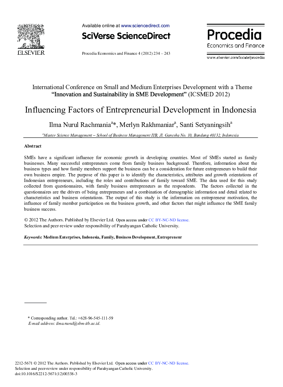 Influencing Factors of Entrepreneurial Development in Indonesia 