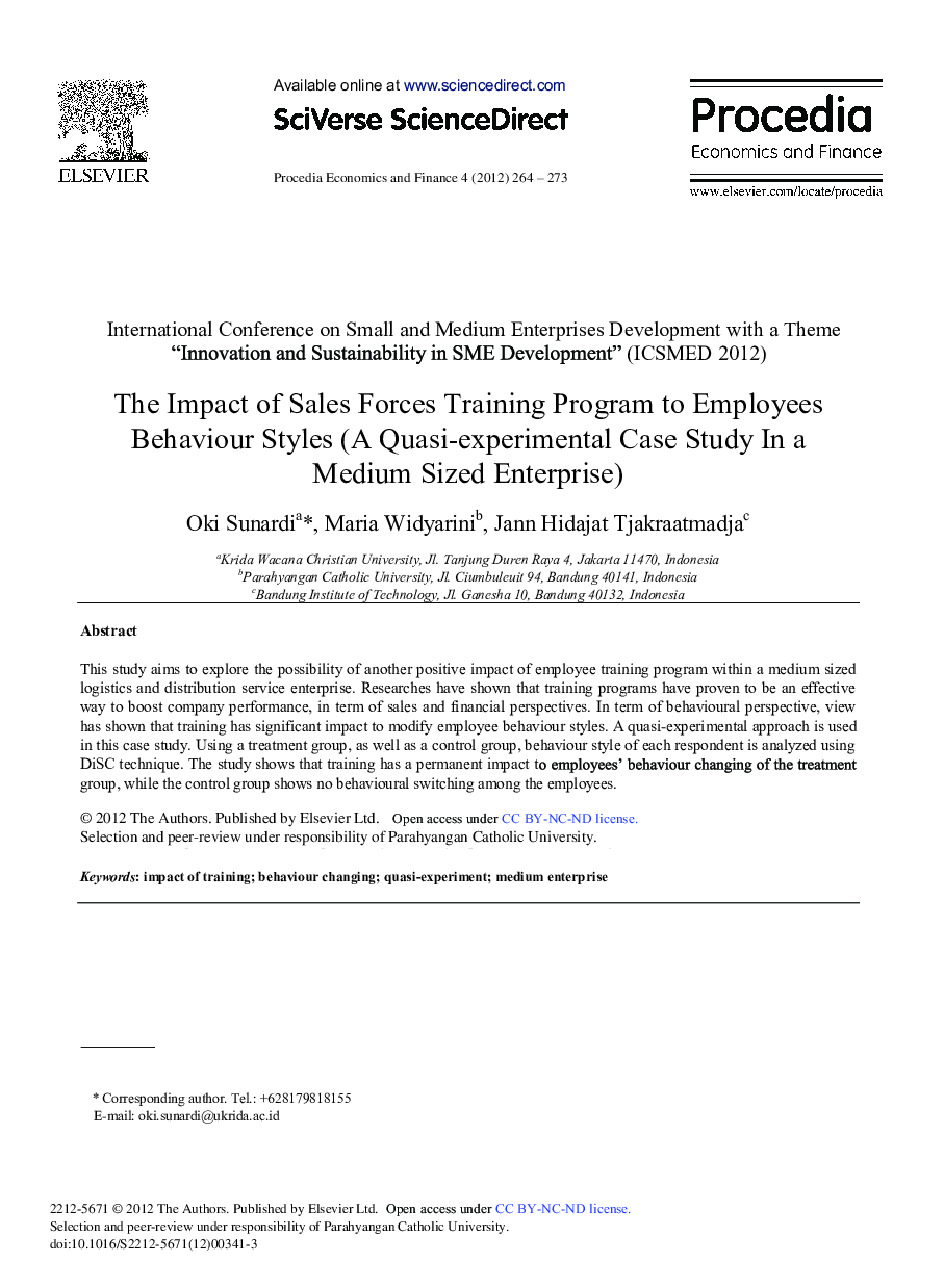 The Impact of Sales Forces Training Program to Employees Behaviour Styles (A Quasi-experimental Case Study In a Medium Sized Enterprise) 