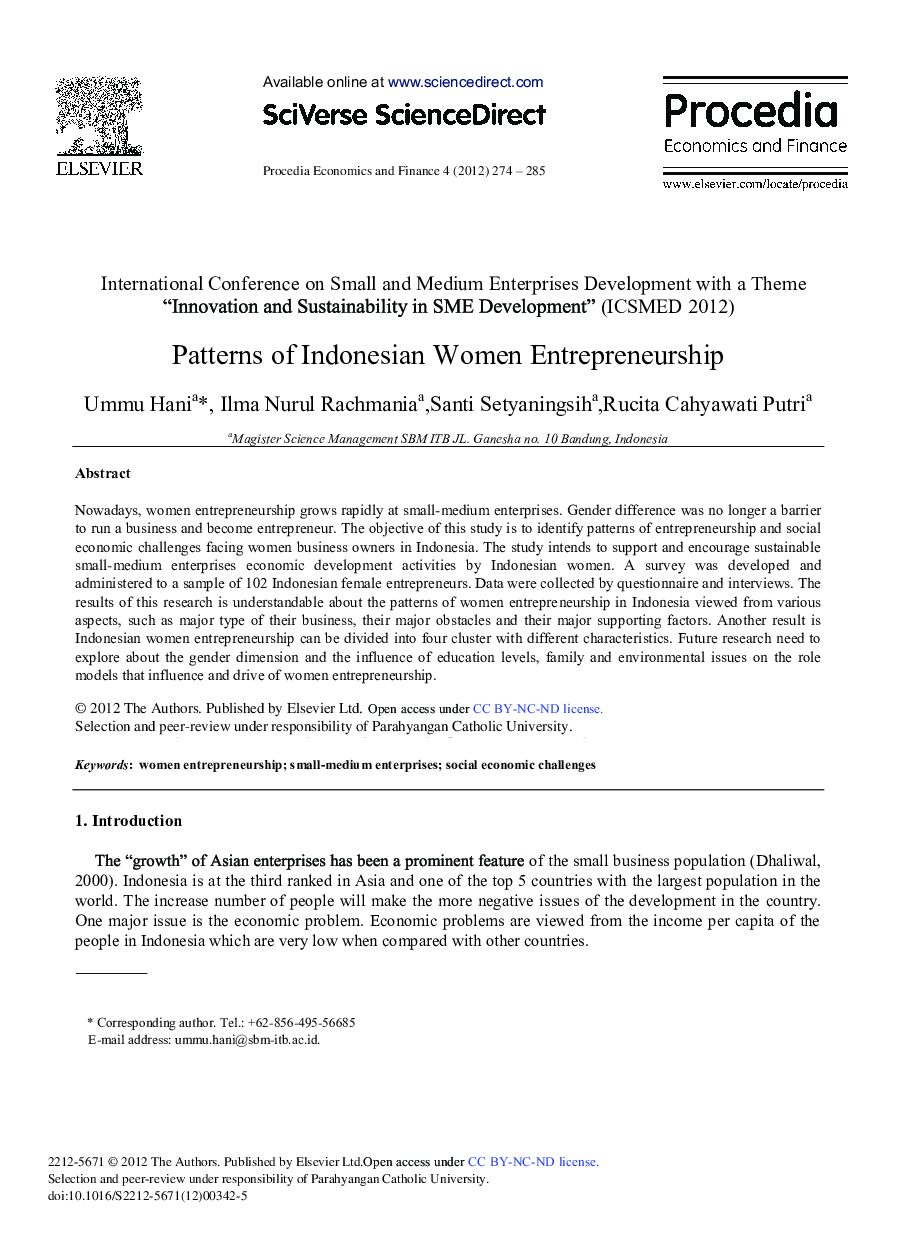 Patterns of Indonesian Women Entrepreneurship 