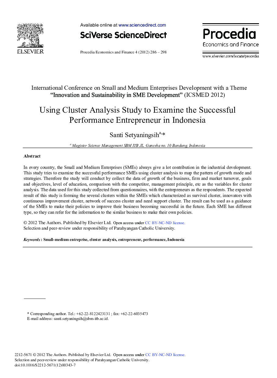 Using Cluster Analysis Study to Examine the Successful Performance Entrepreneur in Indonesia 