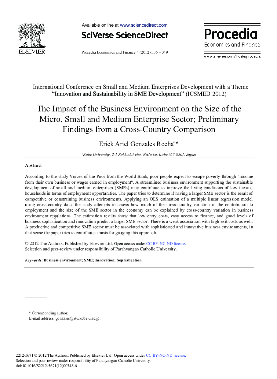 The Impact of the Business Environment on the Size of the Micro, Small and Medium Enterprise Sector; Preliminary Findings from a Cross-Country Comparison 