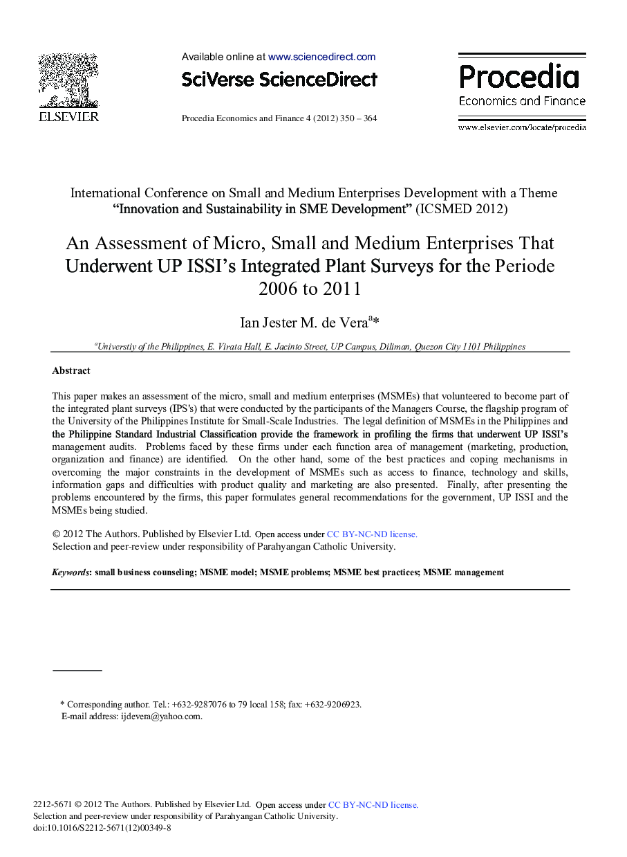 An Assessment of Micro, Small and Medium Enterprises that Underwent UP ISSI's Integrated Plant Surveys for the Periode 2006 to 2011 