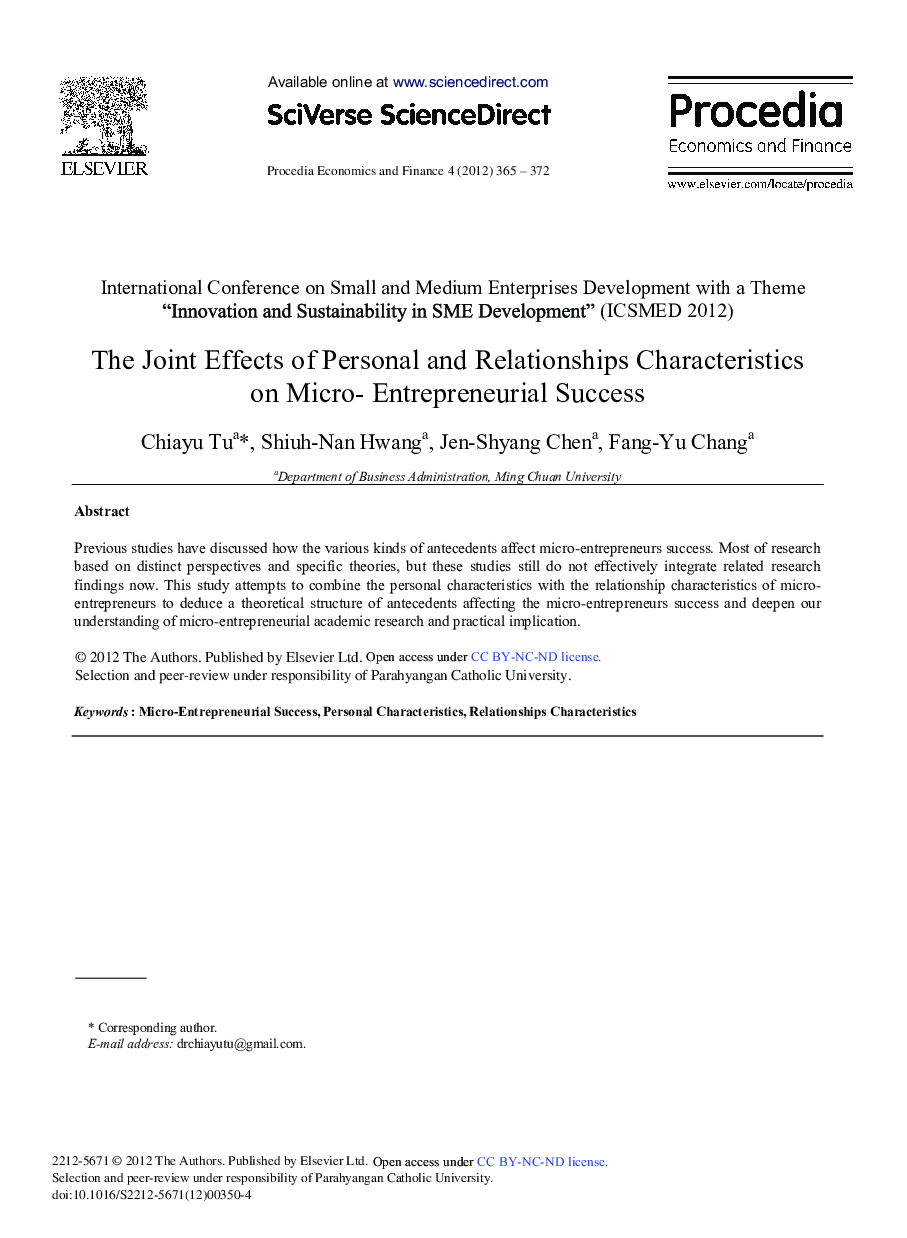 The Joint Effects of Personal and Relationships Characteristics on Micro-Entrepreneurial Success 
