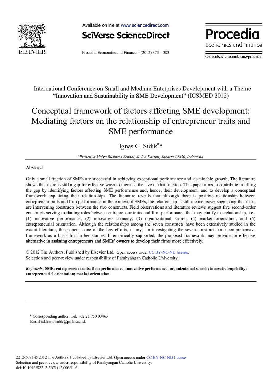 Conceptual Framework of Factors Affecting SME Development: Mediating Factors on the Relationship of Entrepreneur Traits and SME Performance 