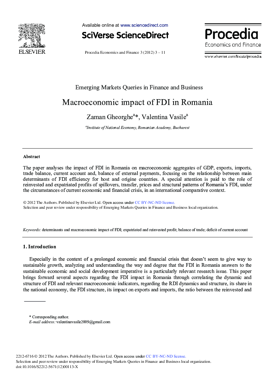 Macroeconomic Impact of FDI in Romania 