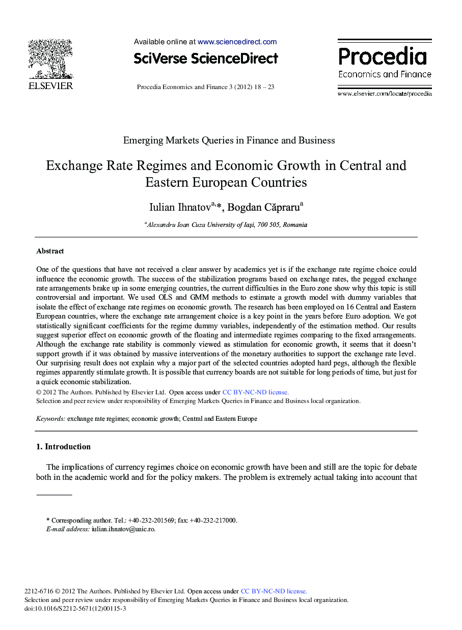 Exchange Rate Regimes and Economic Growth in Central and Eastern European Countries 