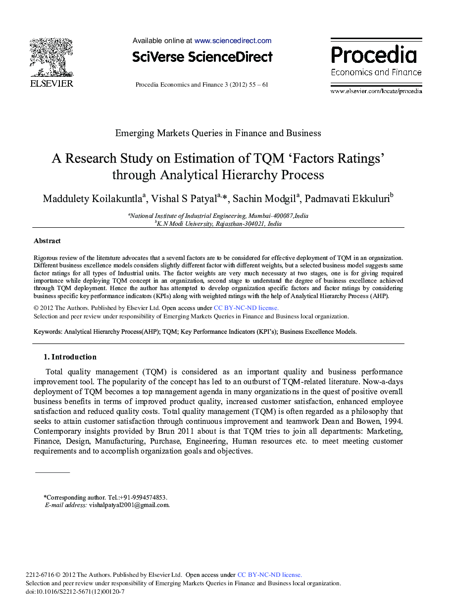 A Research Study on Estimation of TQM ‘Factors Ratings’ Through Analytical Hierarchy Process 