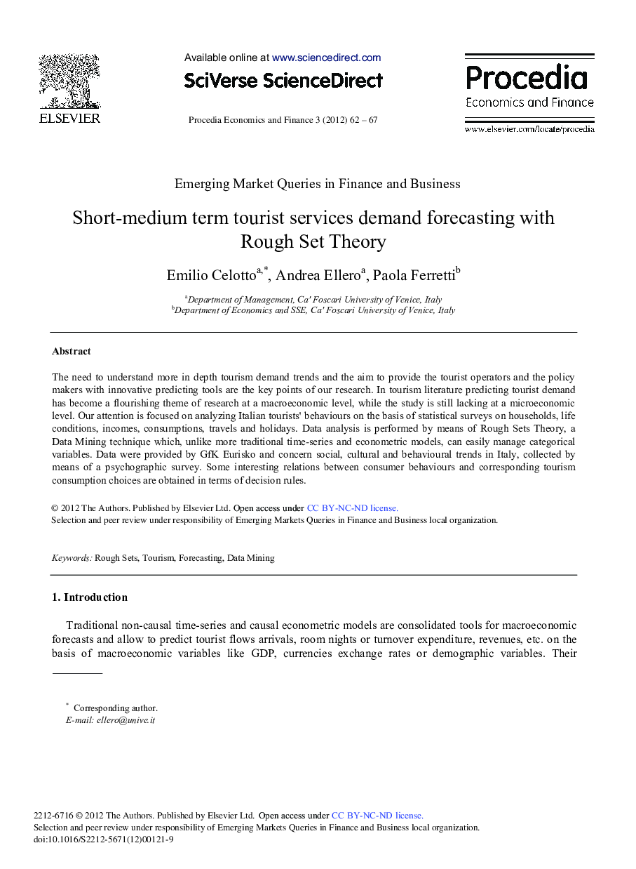 Short-medium Term Tourist Services Demand Forecasting with Rough Set Theory 