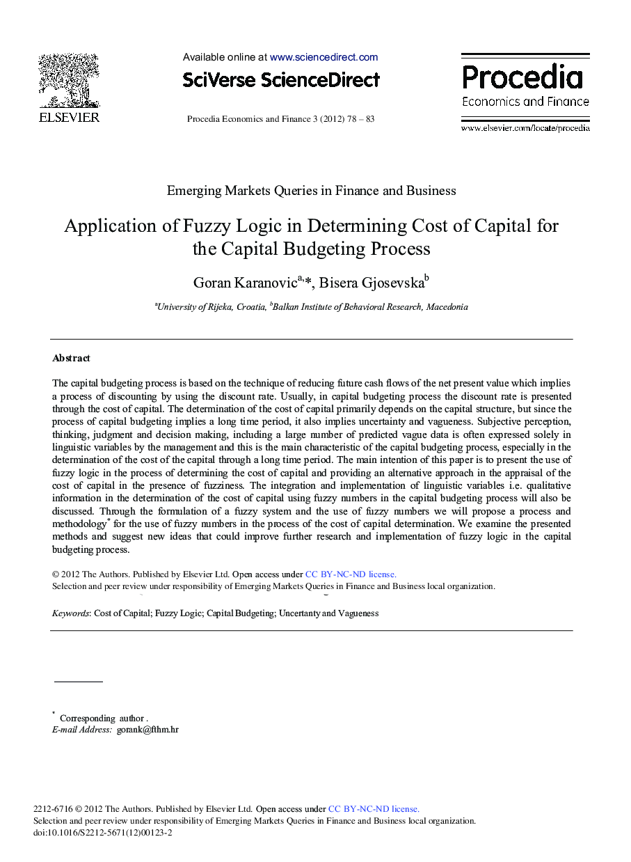 Application of Fuzzy Logic in Determining Cost of Capital for the Capital Budgeting Process 