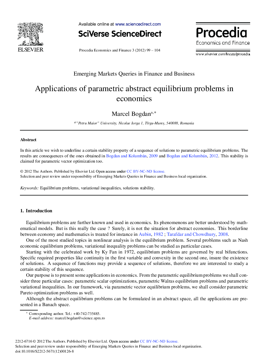 Applications of Parametric Abstract Equilibrium Problems in Economics 