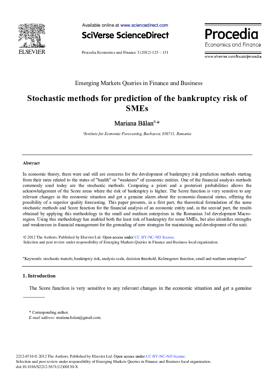 Stochastic Methods for Prediction of the Bankruptcy Risk of SMEs 