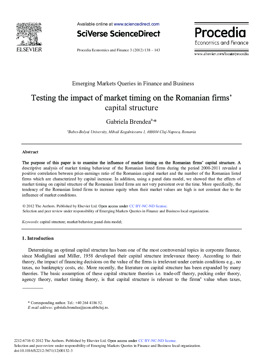 Testing the Impact of Market Timing on the Romanian Firms’ Capital Structure 
