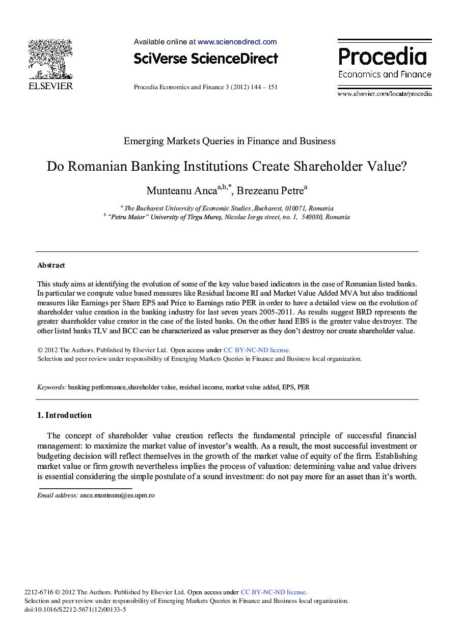 Do Romanian Banking Institutions Create Shareholder Value? 