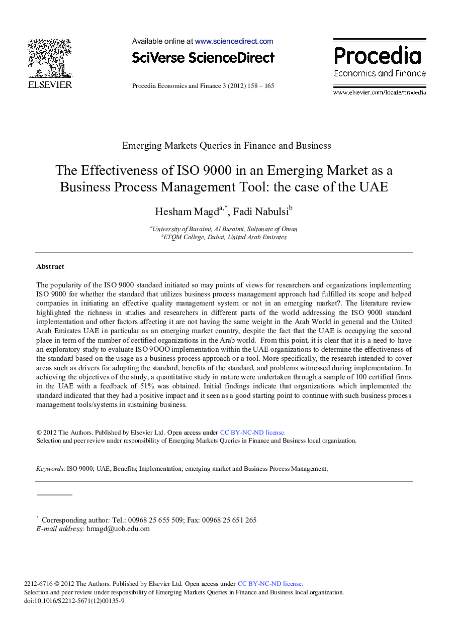The Effectiveness of ISO 9000 in an Emerging Market as a Business Process Management Tool: The Case of the UAE 