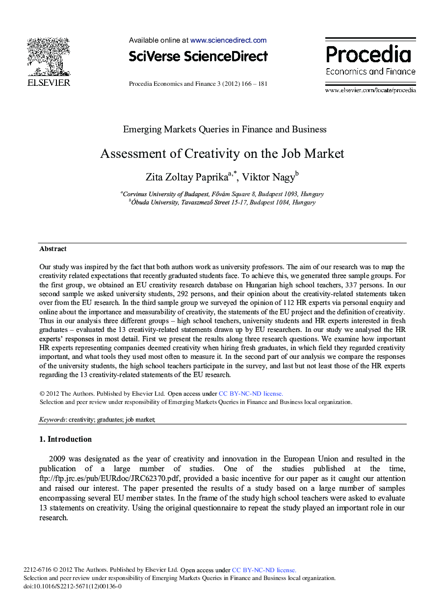 Assessment of Creativity on the Job Market 
