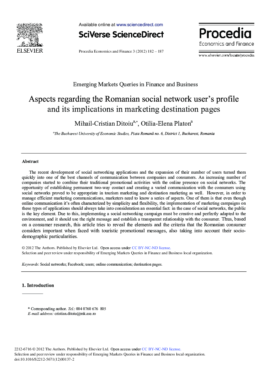 Aspects Regarding the Romanian Social Network User's Profile and its Implications in Marketing Destination Pages 