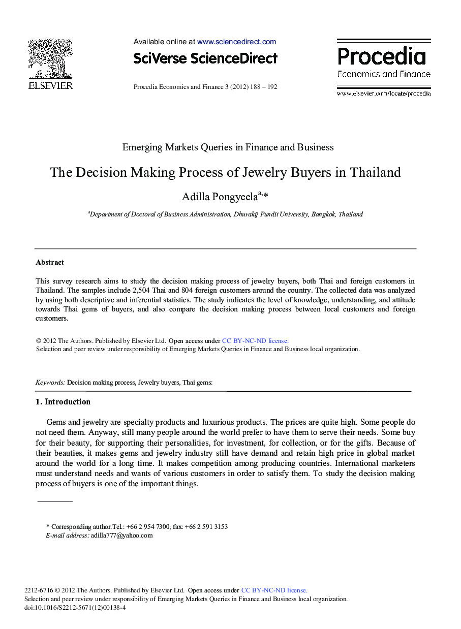 The Decision Making Process of Jewelry Buyers in Thailand 