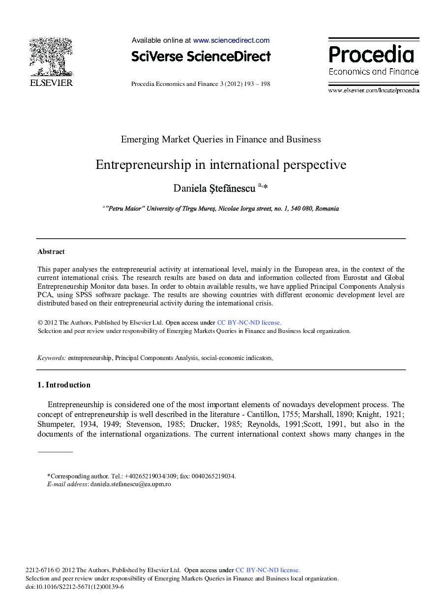 Entrepreneurship in International Perspective 