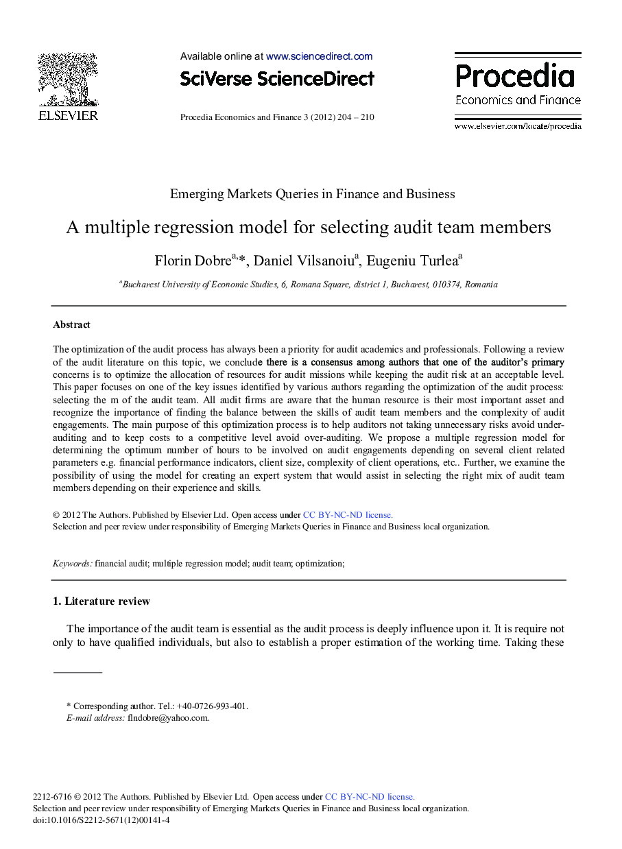A Multiple Regression Model for Selecting Audit Team Members 