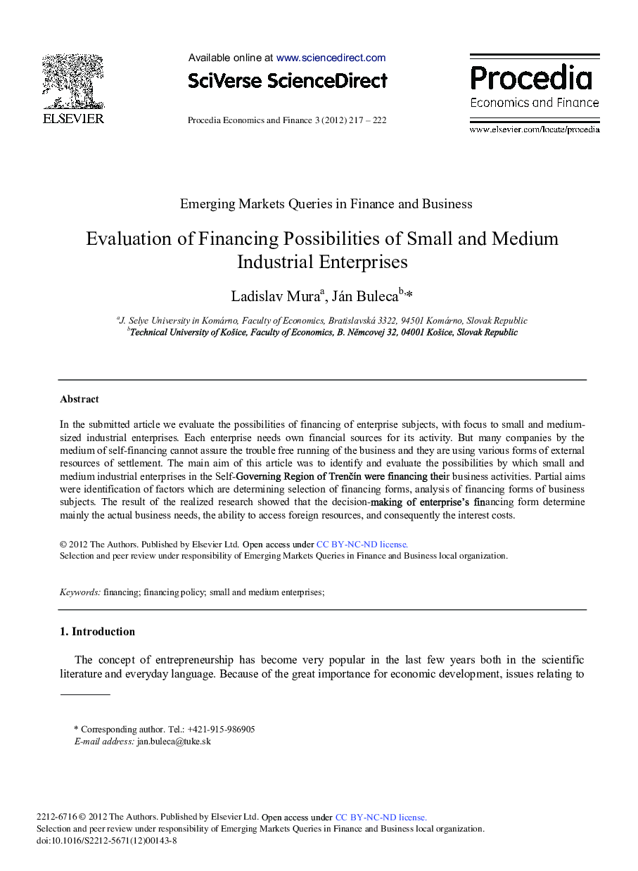 Evaluation of Financing Possibilities of Small and Medium Industrial Enterprises 