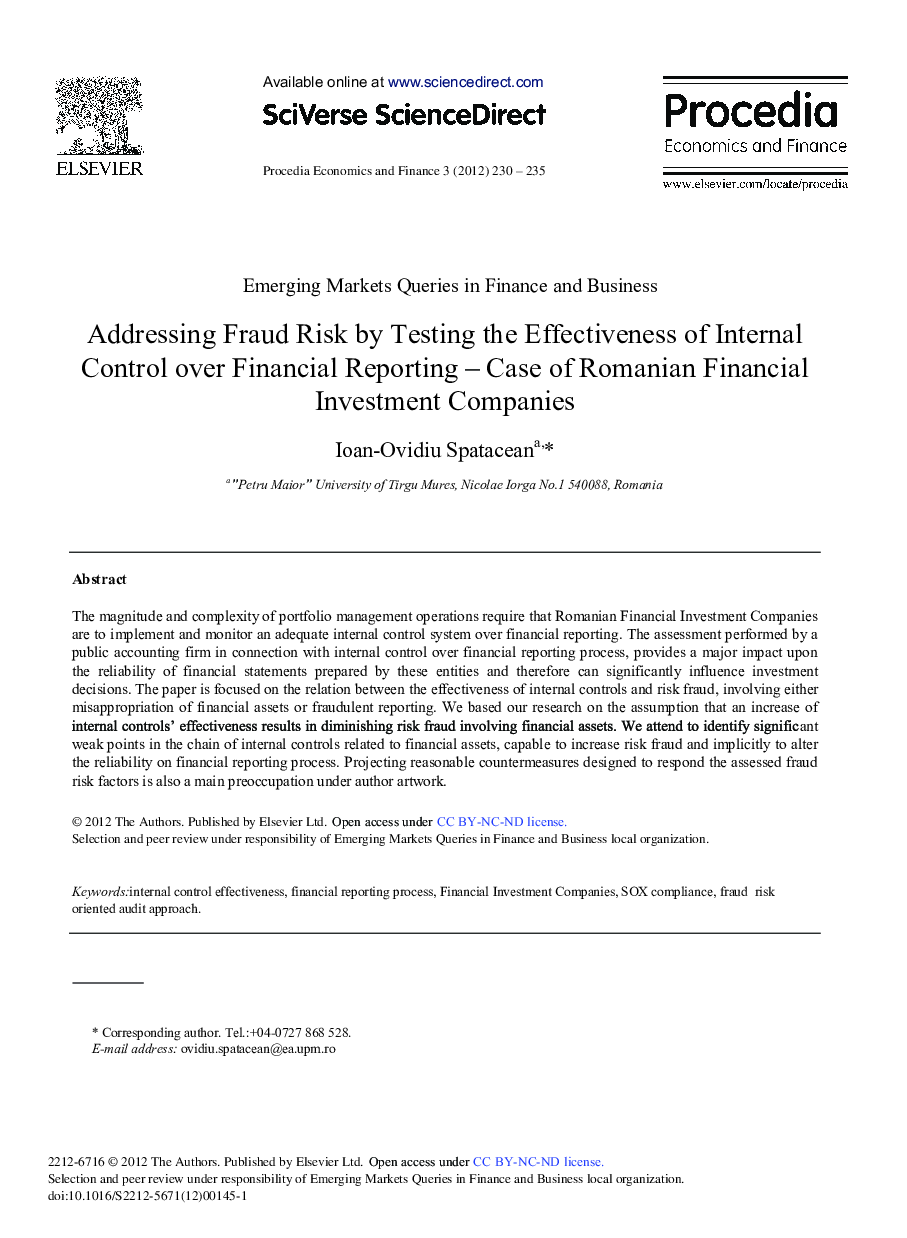 Addressing Fraud Risk by Testing the Effectiveness of Internal Control over Financial Reporting – Case of Romanian Financial Investment Companies 