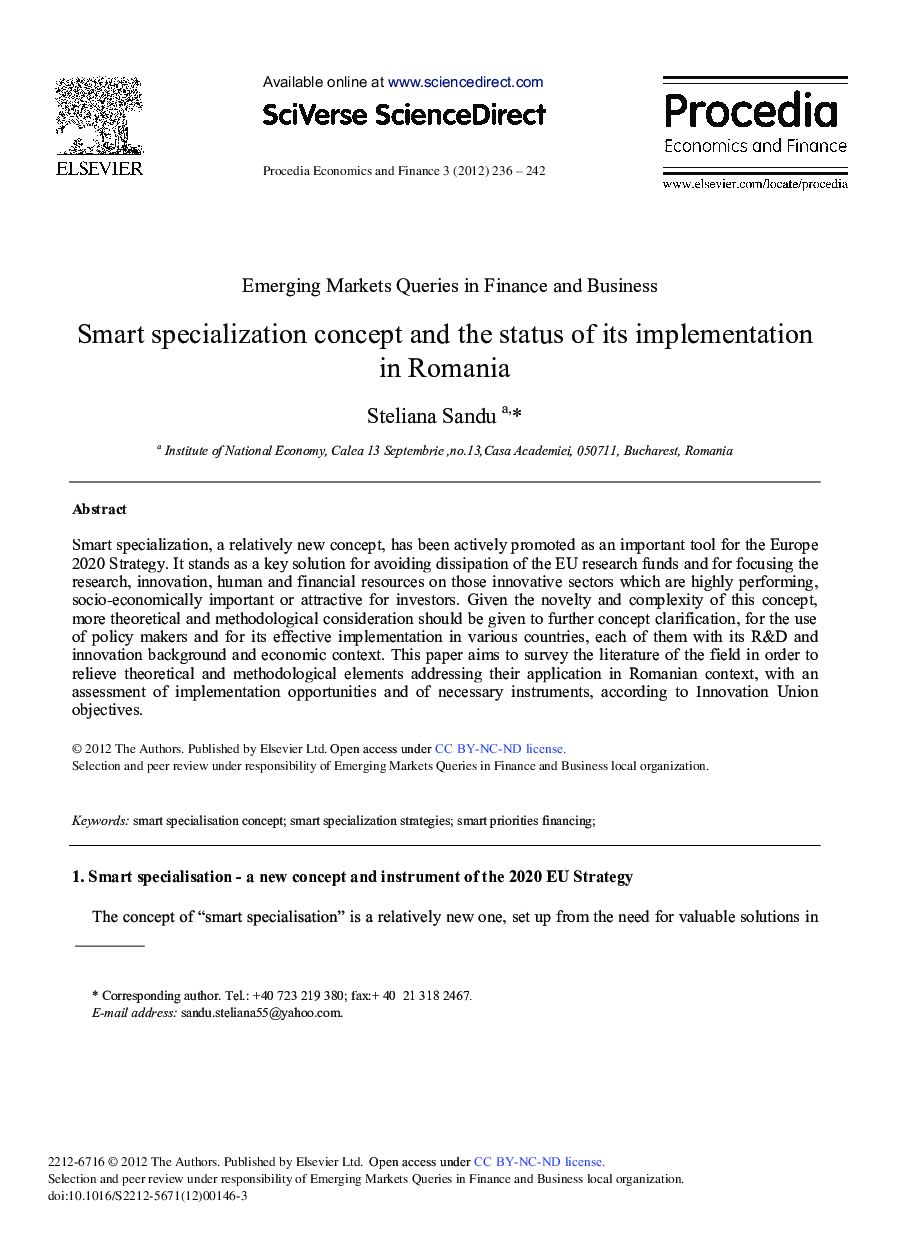 Smart Specialization Concept and the Status of Its Implementation in Romania 