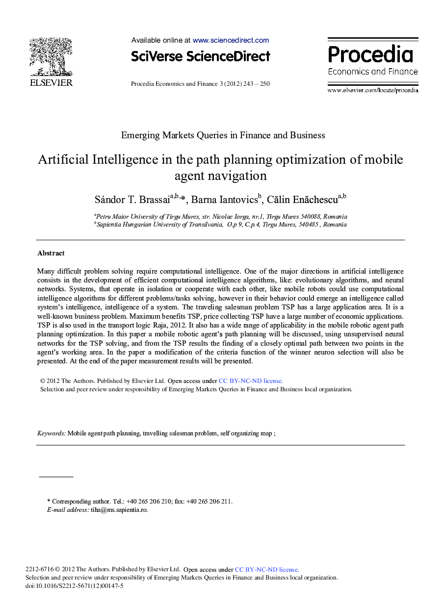 Artificial Intelligence in the Path Planning Optimization of Mobile Agent Navigation 