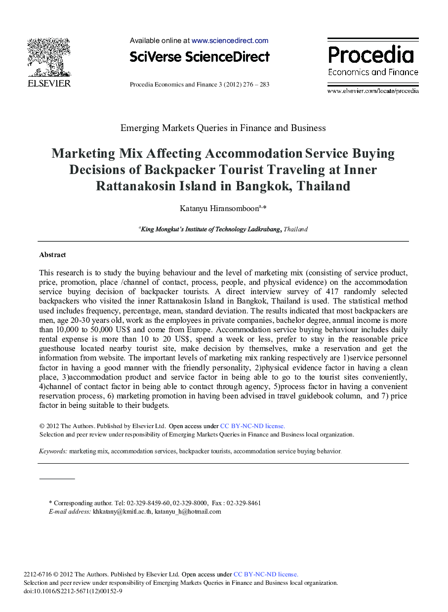 Marketing Mix Affecting Accommodation Service Buying Decisions of Backpacker Tourist Traveling at Inner Rattanakosin Island in Bangkok, Thailand 