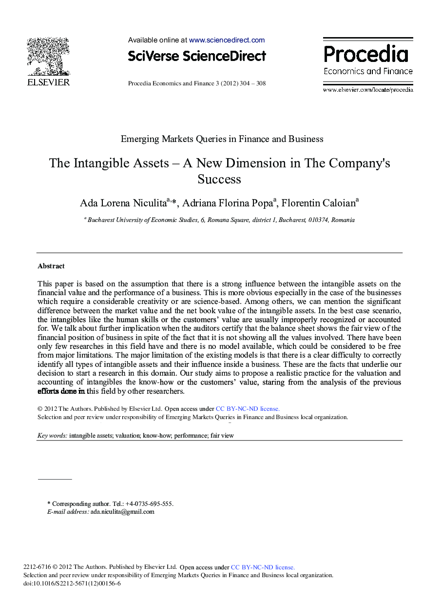 The Intangible Assets–A New Dimension in The Company's Success 