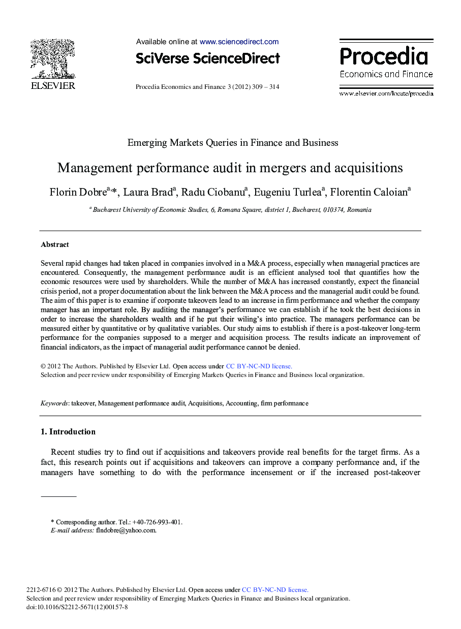 Management Performance Audit in Mergers and Acquisitions 