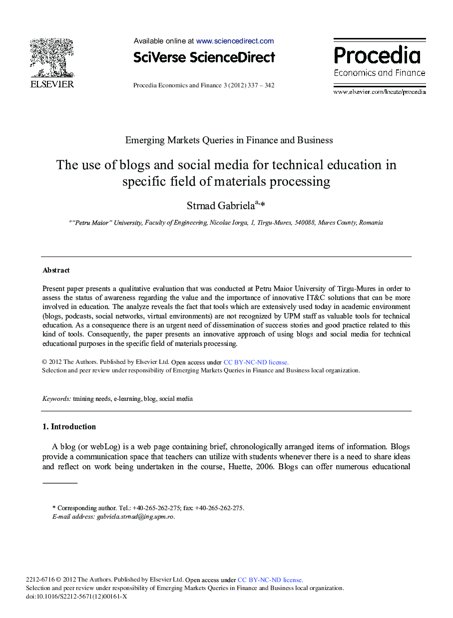 The Use of Blogs and Social Media for Technical Education in Specific Field of Materials Processing 