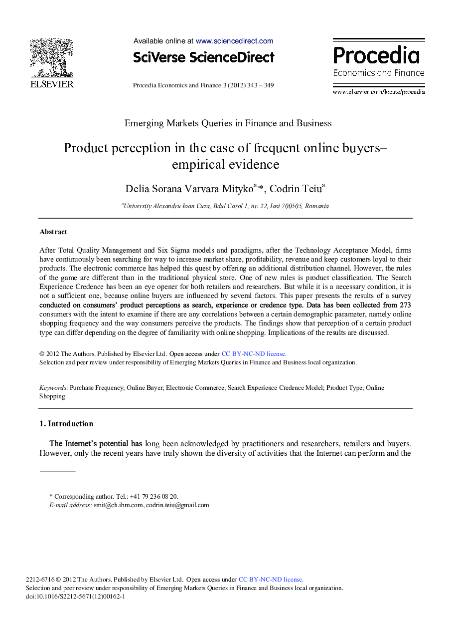 Product Perception in the Case of Frequent Online Buyers–Empirical Evidence 