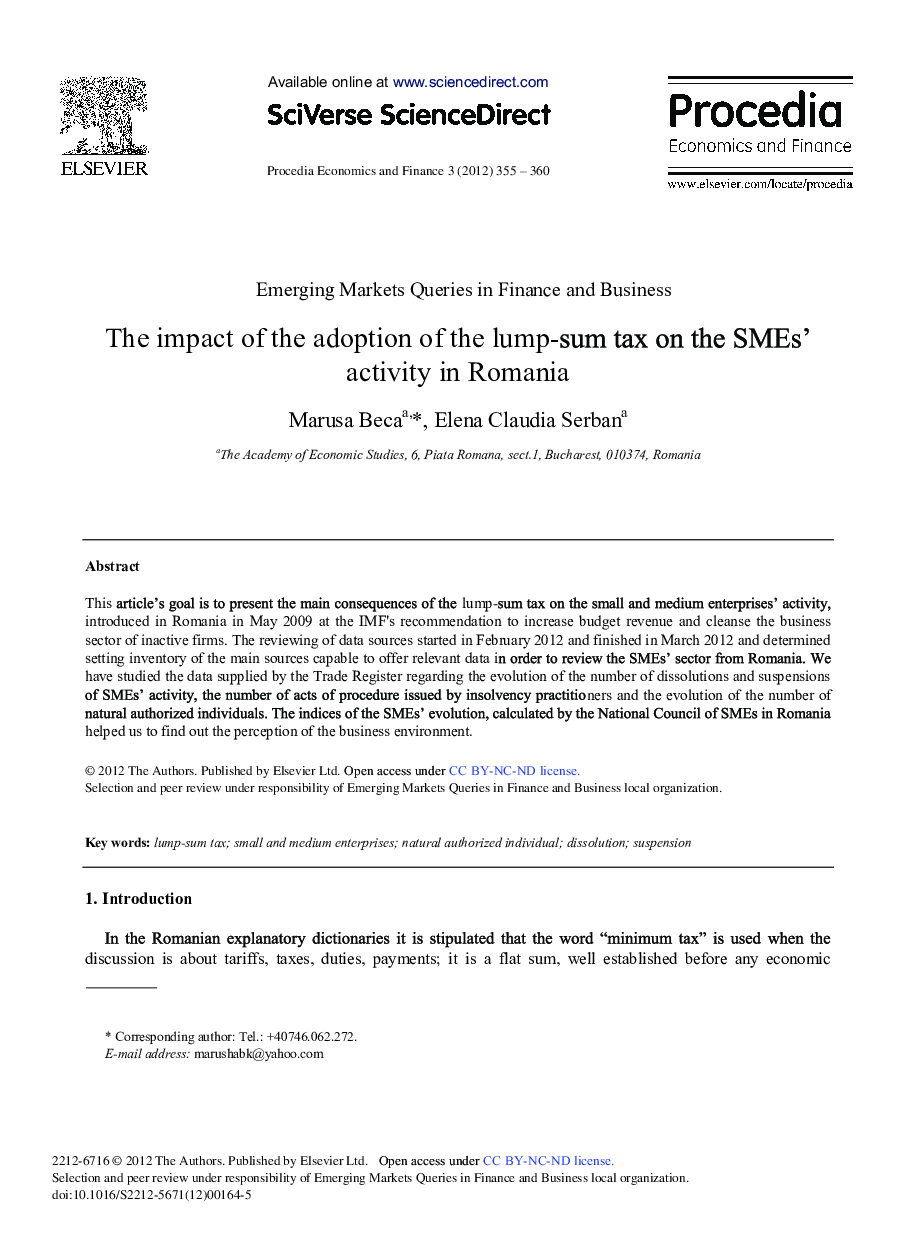 The Impact of the Adoption of the Lump-sum Tax on the SMEs’ Activity in Romania 