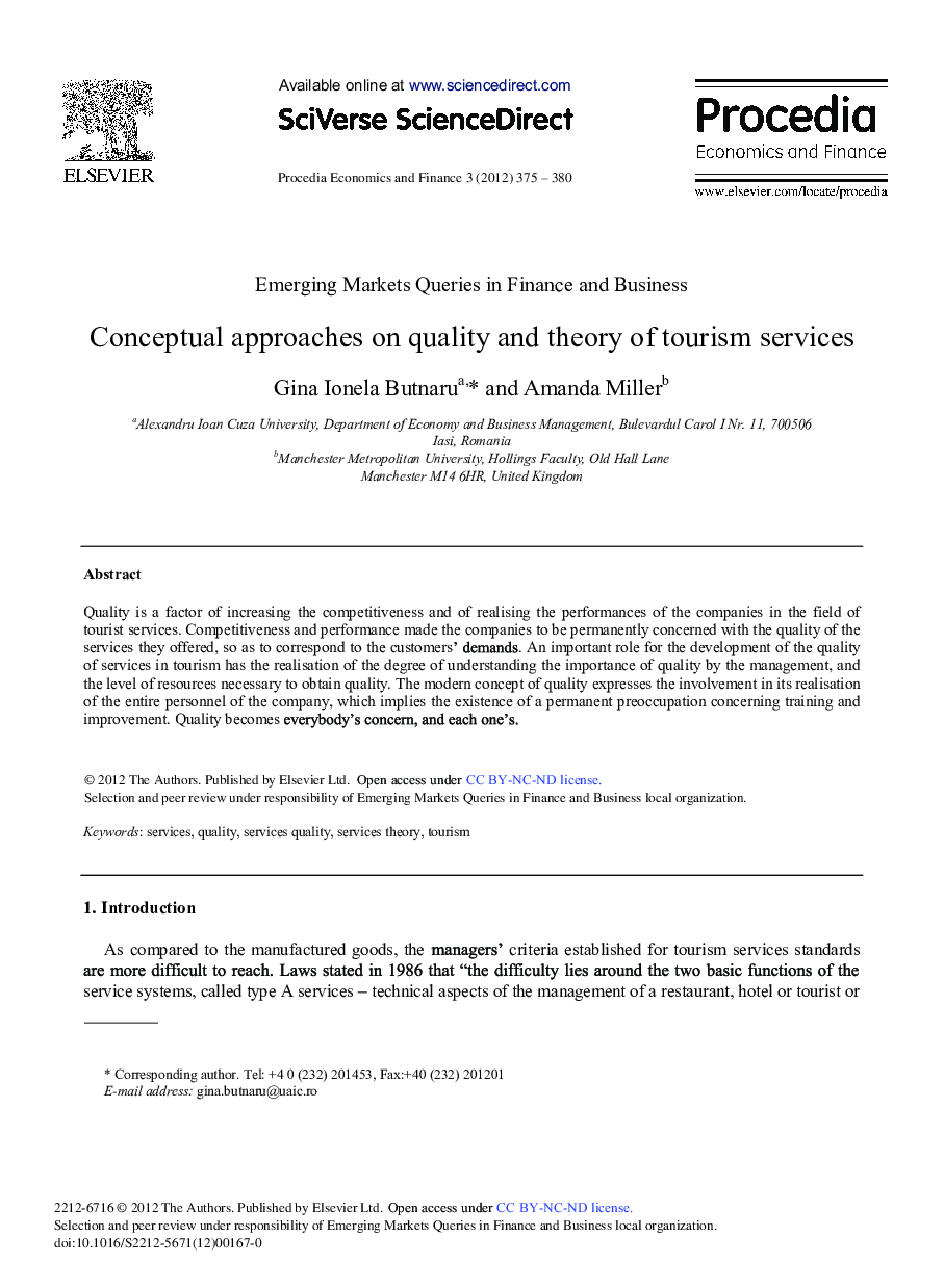 Conceptual Approaches on Quality and Theory of Tourism Services 
