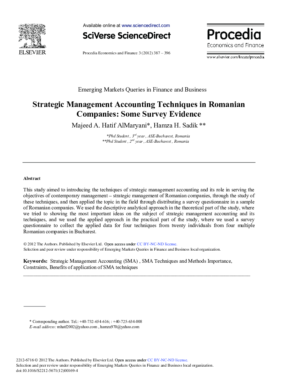 Strategic Management Accounting Techniques in Romanian Companies: Some Survey Evidence 