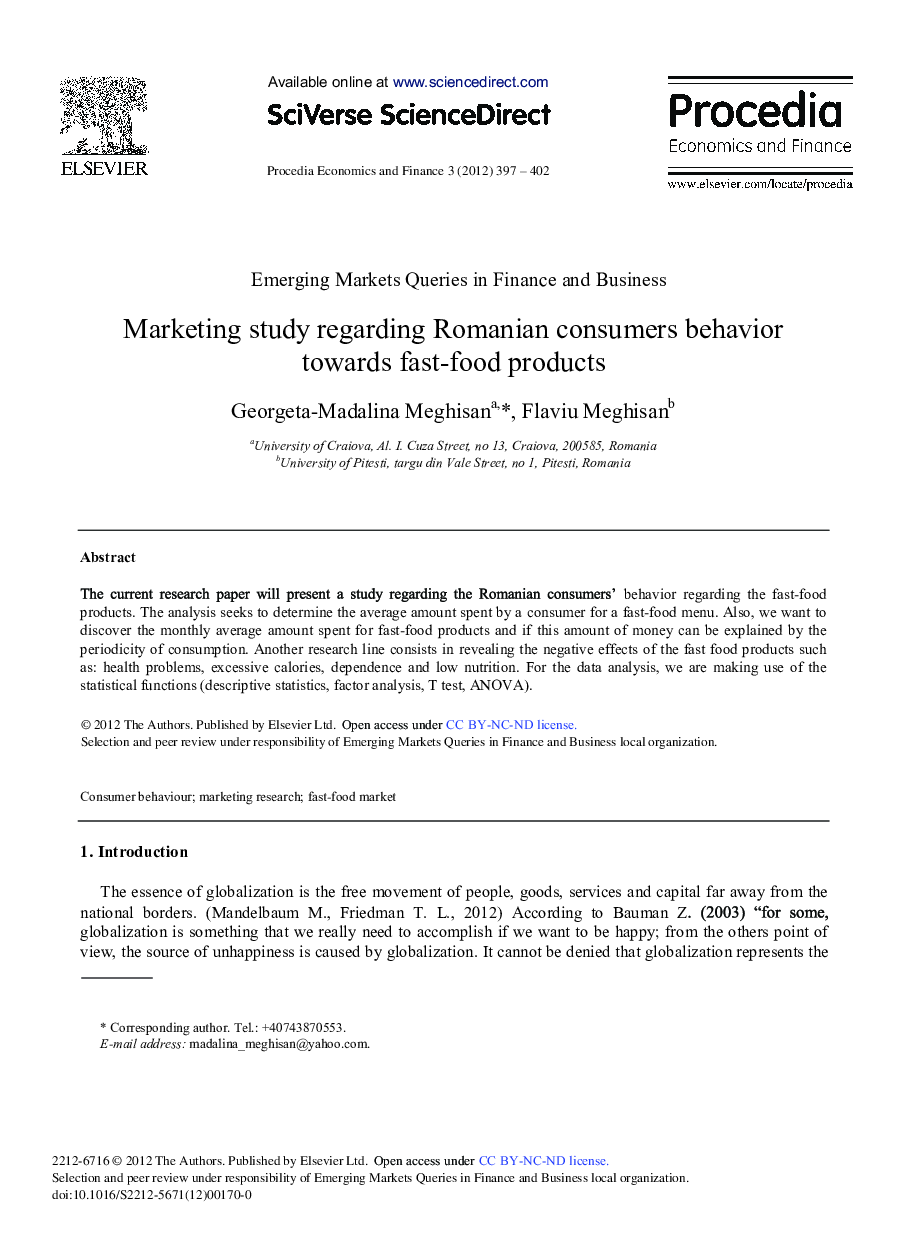Marketing Study Regarding Romanian Consumers Behavior Towards Fast-Food Products 