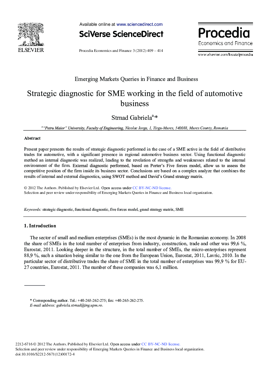 Strategic Diagnostic for SME Working in the Field of Automotive Business 