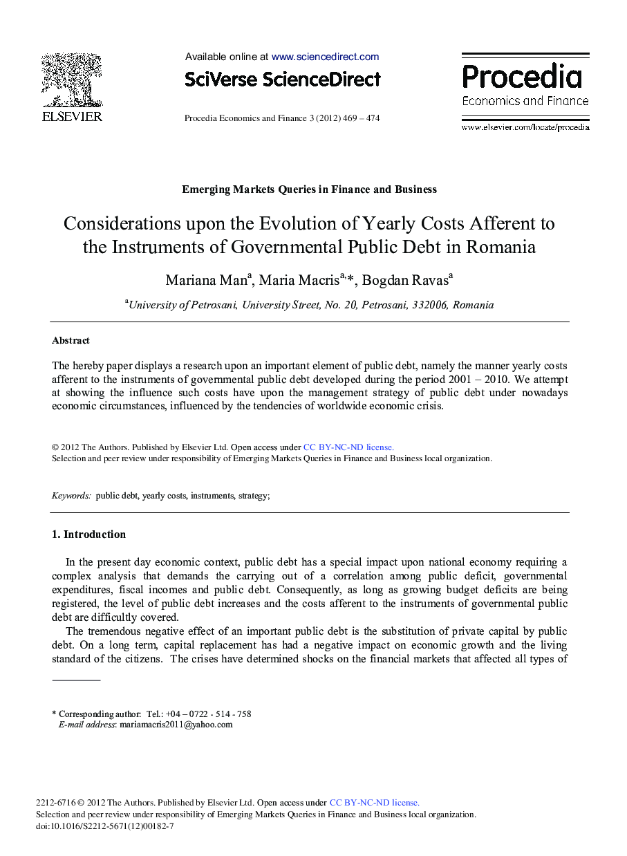 Considerations upon the Evolution of Yearly Costs Afferent to the Instruments of Governmental Public Debt in Romania 