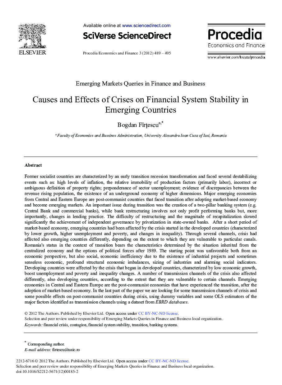 Causes and Effects of Crises on Financial System Stability in Emerging Countries 