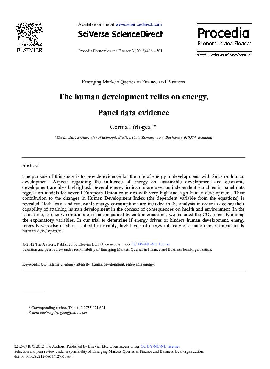 The Human Development Relies on Energy. Panel Data Evidence 