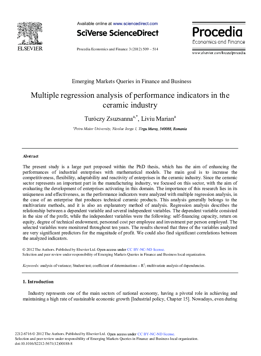 Multiple Regression Analysis of Performance Indicators in the Ceramic Industry 