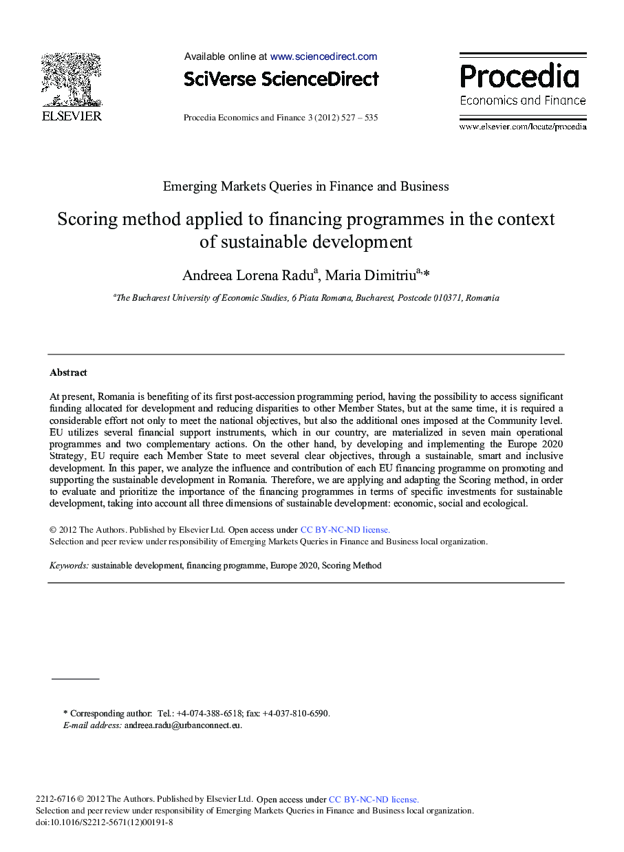 Scoring Method Applied to Financing Programmes in the Context of Sustainable Development 