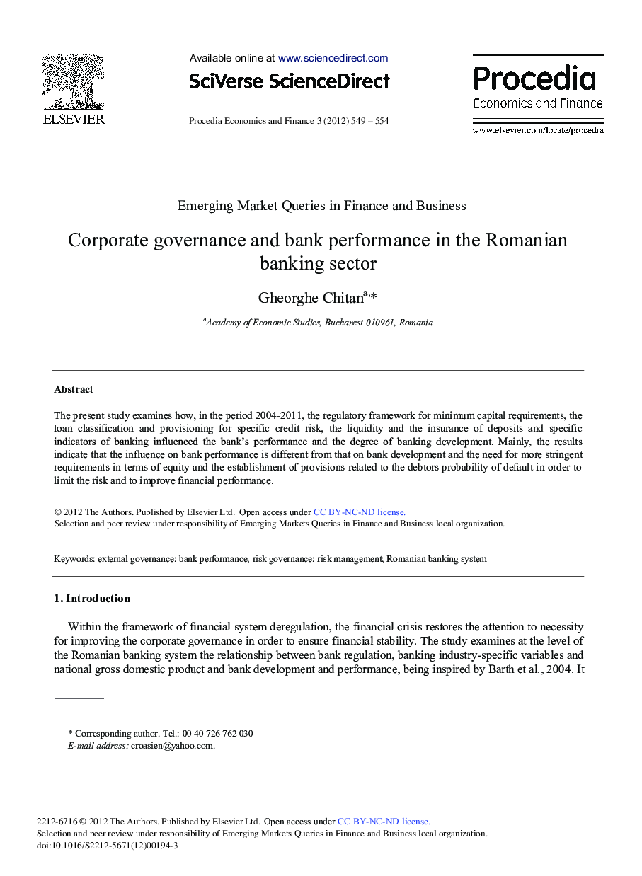 Corporate Governance and Bank Performance in the Romanian Banking Sector 
