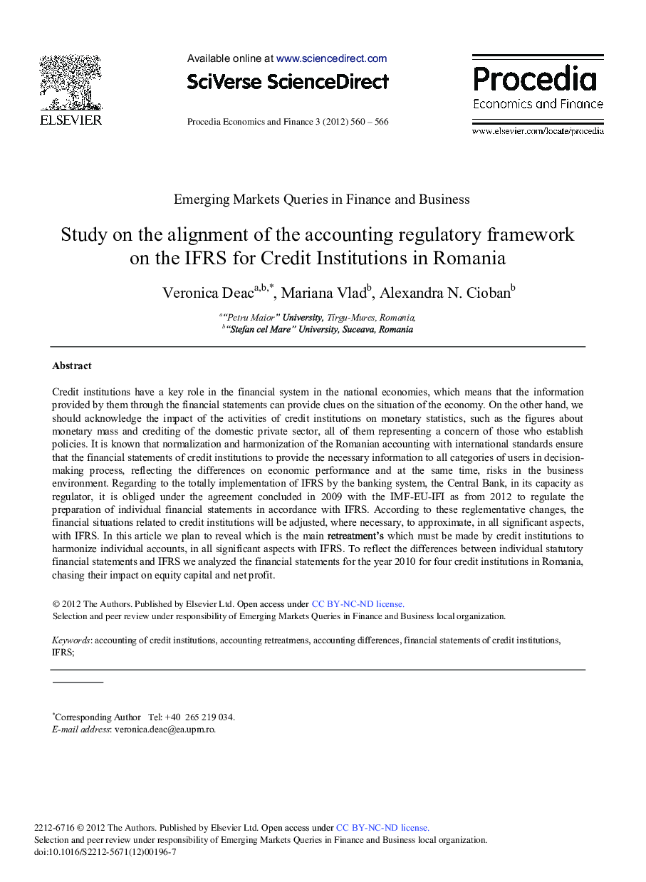 Study on the Alignment of the Accounting Regulatory Framework on the IFRS for Credit Institutions in Romania 
