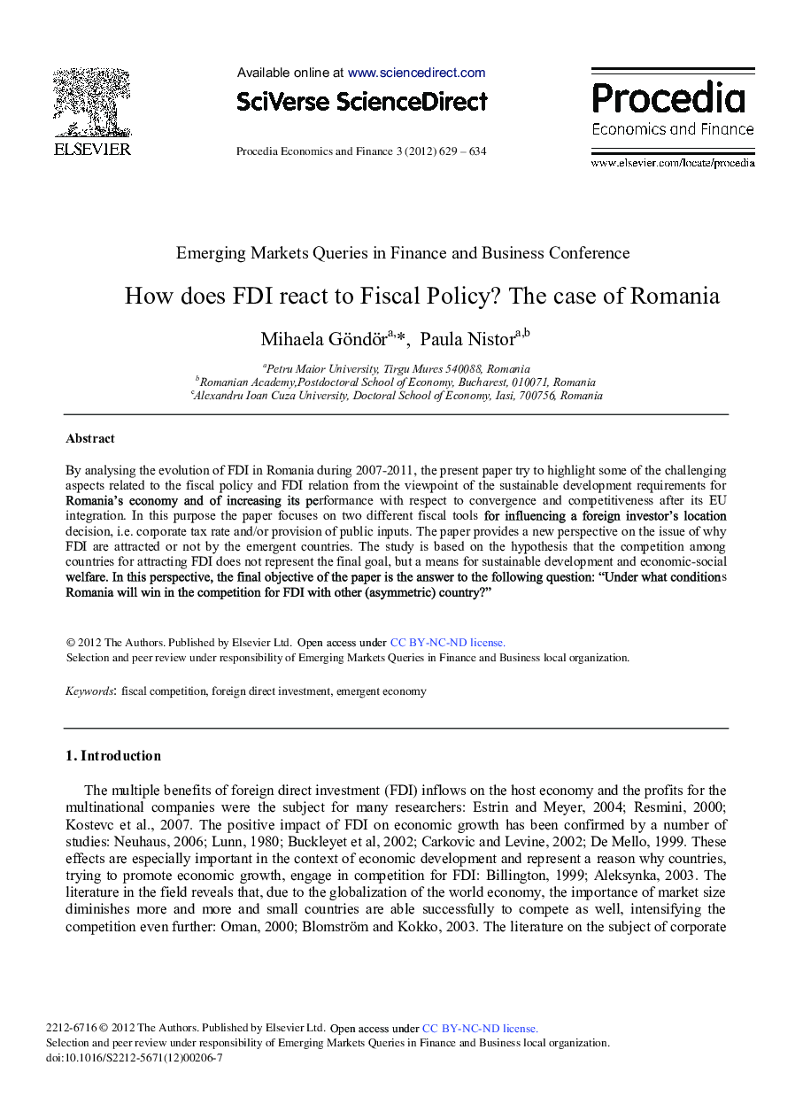 How does FDI React to Fiscal Policy? The Case of Romania 