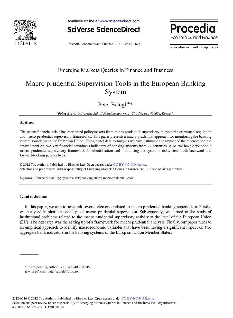 Macro Prudential Supervision Tools in the European Banking System 